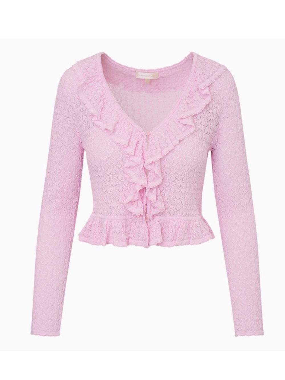 Love Shack Fancy Nilah Pointelle Ruffle  Sweater Cardigan Lotus Petal Baby Pink